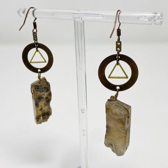 Geode Raw Stone Drop Earrings Metal Detail - Picture 6 of 8